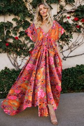 Bohemian Summer Breeze: Red Floral V-Neck Batwing Sleeve Maxi Dress