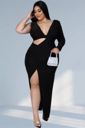 Plus Size Elegant Hollow Out Solid Neck Bodycon Maxi Dress Club Outfit