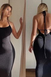 Sultry Summer Style: Backless Black Retro Long Dress with Big Openback Fishtail Skims for Clubwear