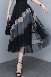 Floral Fantasy: Patchwork Tulle Long Spring Summer Elegant Street Mesh High Waist Pleated Midi Skirt