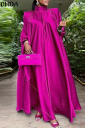 Plus Size Stand Collar Elegant Satin Long Bat Sleeve Evening Pleated Maxi Sundress Casual Robe