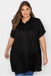 Plus Size Elegant Tiered Blouse: Smock Short Sleeve Black XL