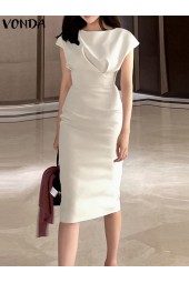 Summer Chic Office Sundress: Elegant Midcalf Robe with Round Neck