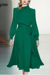 Designer Spring Autumn Long Stand Collar Lantern Sleeve Vintage Lace Up Solid Elegant Dress