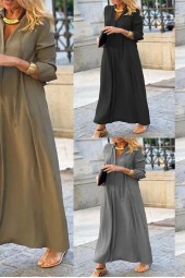 Elegant And Fashionable Solid Vneck Patchwork Sleeved Temperament Commuting Simple Casual Long Shirt Dress