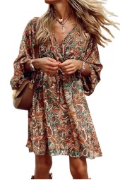 Mid Waist Drawstring Bohemian Style Dress Neck Pullover Loose Dressy Casual Sevenquarter Sleeve Short Gown