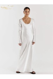 Slim White Satin Bodycon Uneck Long Sleeve Ankle Length Elegant Simple Dress