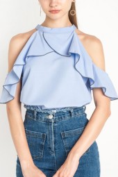 Light Blue High Neck Cold Shoulder Ruffled Chic Top