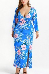 Elegant Blue Floral Wrap Dress - Flattering Plunging Neckline & Slit Sides - Plus Size