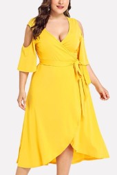 Sunny Summer Vibes: Yellow V-Neck Wrap Cold Shoulder Tied Plus Size Overlap Dress