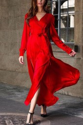 Elegant Red V-Neck Wrap Dress with Long Sleeves and Side Slits