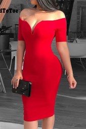 Verano Women's Deep V-Neck Off-Shoulder Bodycon Sheath Midi Dress