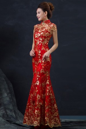 Red Wedding Dress Long Short Sleeve Cheongsam Gold Slim Traditional Dress Qipao Wedding Party
