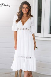 Elegant White Lace-Up Long Summer V-Neck Hollow Out Party Bohemian Dress