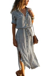 Striped Summer Beach Chiffon Maxi Dress Office Lady Turndown