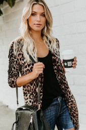 Brown Leopard Long Sleeve Button Up Casual Cardigan Coat
