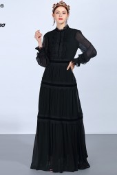 Vintage Elegance: Black Lace Patchwork Maxi Dress with Long Sleeves and Ruffles