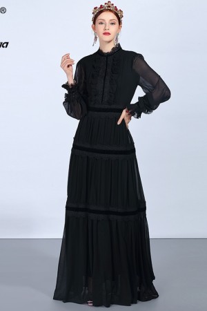 Runway Maxi Dress Long Sleeve Lace Patchwork Ruffles Vintage Black Dress Elegant Party Dress