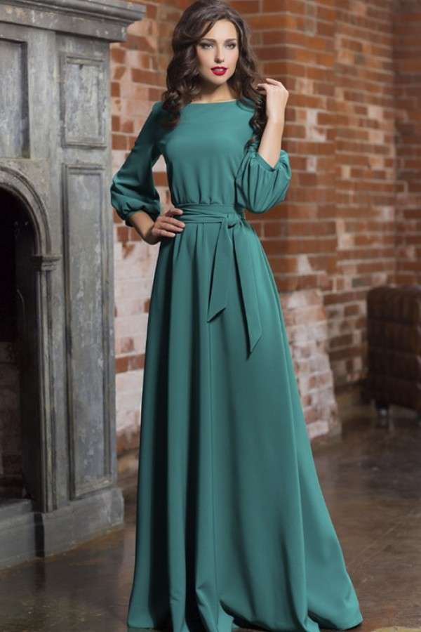 Autumn Winter Elegance: Vintage Solid Lantern Sleeve Maxi Long Neck ...