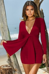Fiery Red Plunge-Neck Ruched Long-Sleeve Bodycon Mini Dress