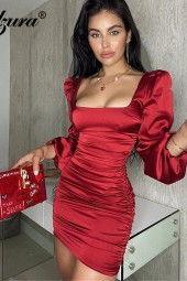 Autumn Elegance: Satin Mini Dress with Solid Lantern Long Sleeve, Square Collar, and Ruched Bodycon for Streetwear Party Clubbing