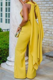 Elegant Summer Style: Sleeveless Yellow Cut Out Jumpsuit with Long Backless Slim Fit Wide Leg Overalls