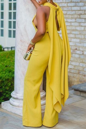 Elegant Summer Style: Sleeveless Yellow Cut Out Jumpsuit with Long ...