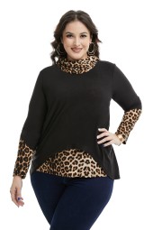 Women's Plus Size Leopard Blouse - Spring/Winter Trendy High Collar Double Layered Casual Loose Pullover Tunic Top