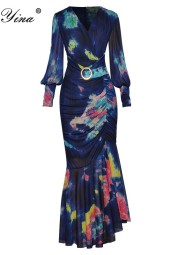 Autumn Elegance: Runway Vneck Lantern Sleeve Tie Dye Slim Mermaid Dress