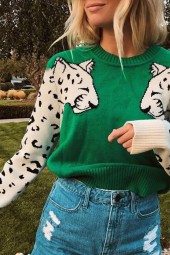 Green Leopard Pattern Long Sleeve Knit Sweater: The Perfect Autumn/Winter Pullover Jumper