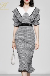 Summertime Elegance: Vintage Plaid Lantern Sleeve Slim Stitched Ruffled Fishtail Dress