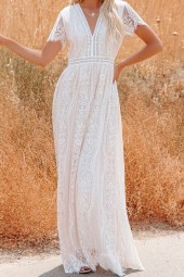 Elegant White Lace Bohemian Maxi Dress with Deep V-Neck and Hollow Out Detail