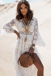 Bohemian Summer Elegance: White Flare Sleeve Maxi Robe with V-Neck and Wrist Hollow Out