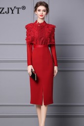 Timeless Elegance: Designer Lace Patchwork Midi Evening Dress for Spring/Autumn Office Wear
