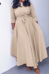 Autumn Winter Elegance: Solid Color Round Neck Bandage Maxi Dress