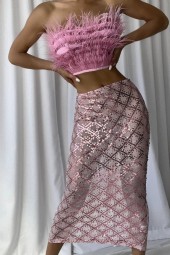 Luxury Feather Pink Bodycon Skirt Set for Elegant Evening Club