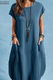 Vintage Loose Beach Dress: Solid Cotton Casual Kneelength Sundress