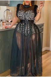 Plus Size Black Sheer Mesh Night Club Summer Leopard Lined Transparent White French Maxi Dress