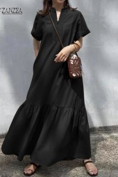 Summer Breeze Kaftan: Elegant Long Maxi Dress with Short Sleeves and Casual Neckline