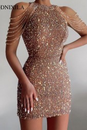 Summer Sequined Luxury Crystal Tassel Evening Dress: Short, Chic, Elegant