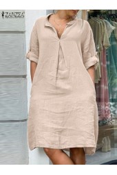 Autumn Lapel Neck Long Sleeve Casual Cotton Dress for Office