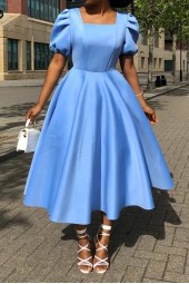 Summersolid Square Collar Puff Short Sleeve Midi Dress with Zipper