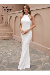 White Sequin Prom Elegant Halter Sleeveless Beading Bodycon Evening Floorlength Dress Long Gown