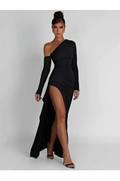 Oblique Shoulder Thigh High Split Maxi Sleeve Backless Bodycon Club Long Dress