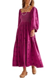 Flower Embroidered Long Bodycon Lantern Sleeve Square Neck Tiered Flowy Bohemian Summer Beachwear Dress
