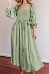 Spring Summer Tie Cord Waist Belt Ruffle Lantern Sleeve Casual Square Neck -line Multi Wear Elegant Dress