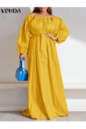 Size Elegant Off Shoulder Maxi Dress Long Sleeve Solid Belted Bohemian Robe Casual